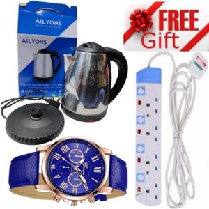 AILYONS  Best Budget Electric Kettle Jug Coil-Free Water Heater PLUS GIFTS 4 WAY POWER EXTENSION CABLE SAFETY SWITCHES & WATCH