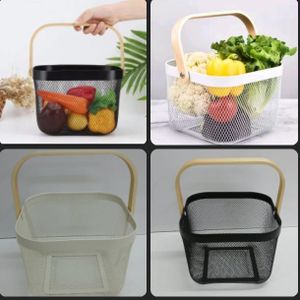 High quality ROUND & SQUARE PANTRY Organizer Pantry Mesh Wire Fruit Basket With Wooden Handle Black