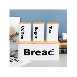 New Design Bread Bin with 3 Canister Set Bamboo Lid Kitchen Storage Container Set Airtight Food Storage Box White Countertop Organizer 4 Piece Set Large Capacity Durable Modern Kitchenware