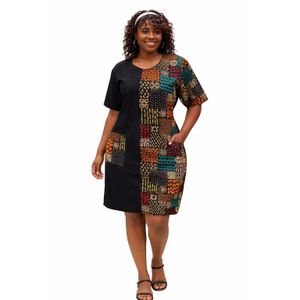 Black and Kitenge Panel Knee-Length Half Sleeve Dress with one-sided Pocket