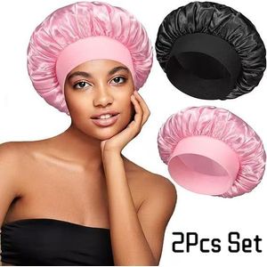 2Pcs Satin Hair Bonnet Large Sleep Cap Wide Elastic Band