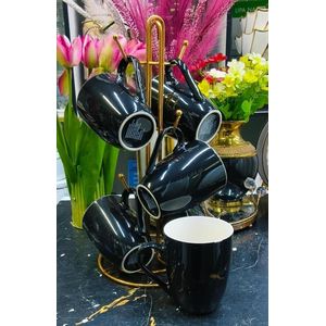 6-Piece Ceramic Drinking Mug Set With Metal Storage Stand For Home And Office Use
