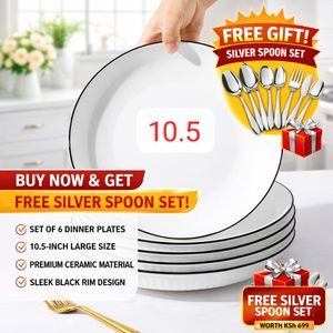 6 Pcs 10.5 Inch Ceramic Dinner Plates Set – Large Size Strong Elegant Kitchen Plates, Scratch Resistant + FREE Silver Spoon Set