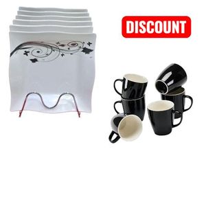 6pcs Melanine square dinner plates for serving guest family plus 6pcs ceramic mugs 
