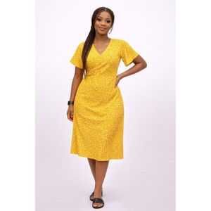 Mustard Yellow Floral Wrap Midi Dress (Bohemian Style)