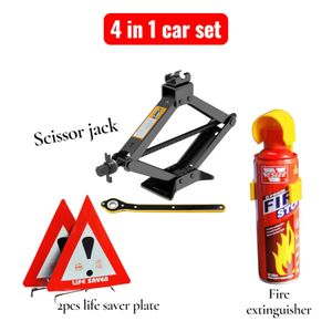 4 in 1 car emergency combo set with new generation scissor jack / 2pcs life saver reflective plates fire extinguisher