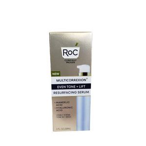 Even Tone + Lift Resurfacing Face Serum with Mandelic Acid. Moisturizes, Brightens, Evens skin tone, Smooths lines, Clears skin, Removes Dark Spots, Discolorations & Lifts the skin.