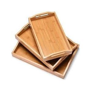 3-Piece Bamboo Serving Tray Set, Decorative Bamboo Trays with Gold Handles, Rectangular Nested Bamboo Platters