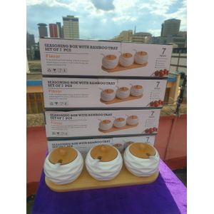 3-in-1 Ceramic Sugar & Seasoning Dish Set with Bamboo Lids and Holder – Kitchen Tableware