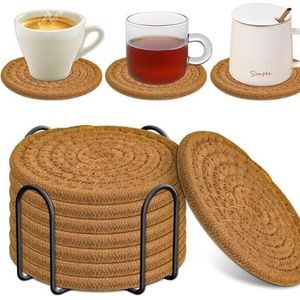 Brown 8pcs Absorbent Cotton Woven Drink Coasters with metal stand holder