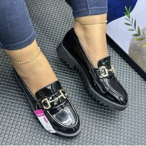 Women’s Shiny Black Chain Loafers