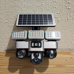 Waterproof and Durable 12MP 4G PTZ Rotating Triple Lens Two In One V380 Pro 12MP 4G Sim card PTZ Rotating Three Triple Lens screens Outdoor Security Solar CCTV Camera with High Brightness Led Solar Flood Light