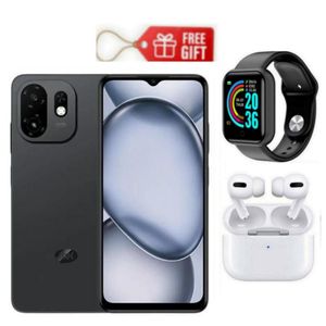 Itel A100c, 6.6" 90Hz Super Clear Display, 64GB ROM + 2GB RAM, 5000mAh Battery - Black + Airpods & Smart Watch 