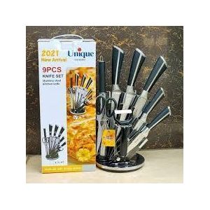 9-Piece Stainless Steel Kitchen Knife Set with Rotating Acrylic Stand & Peeler