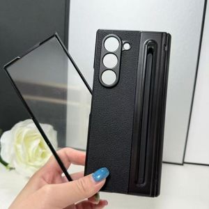 Samsung Z Fold 6 - Built-in S Pen Holder & Screen Protector/front glass, Slim Shockproof Soft Leather Electroplating with Hinge Protection Cover Case