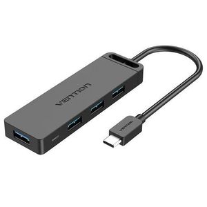 Vention Type-C to 4-Port USB 3.0 Hub with Power Supply 0.15M, Black, ABS Type – USB-C Multi-Port Adapter with 4× USB 3.0 High-Speed Data Transfer & External Power Support