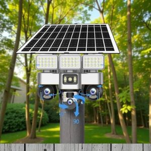 Night Vision Activated Solar 12MP 4G PTZ Rotating Triple Lens Two In One V380 Pro 12MP 4G Sim card PTZ Rotating Three Triple Lens screens Outdoor Security Solar CCTV Camera with High Brightness Led Solar Flood Light