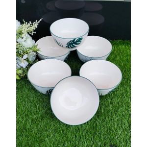6-Inch Ceramic Bowls – White with Green Flower Design – Durable Kitchen Bowls