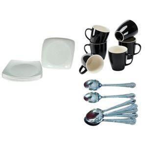 Melamine Square Dinner Plates – 6PCS Set with FREE 6pcs Coffee/Tea Cup Mugs & 12PCS Table Spoons
