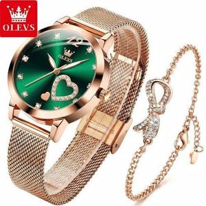 Olevs Women Watch & Bracelet Set Japan Quartz Movement Rose Gold Heart Diamond Green Dial Waterproof Luxury Gift