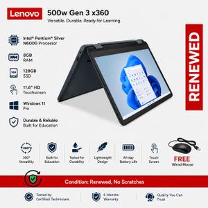 Refurbished L enovo 500w Gen 3 x360 Intel Pentium Silver N6000 8GB RAM 128GB SSD 11.6 inch HD Touchscreen Windows 11 Pro 