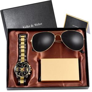 Men Gold Minimalist Luxury Gift Set for Men Designer Fashion Quartz Wrist Watch with Glasses Card Holder Box Elegant Casual Business Accessories Exquisite Gift Packaging Set