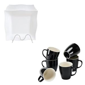 6pcs Melanine square dinner plates for serving food plus 6pcs ceramic mugs