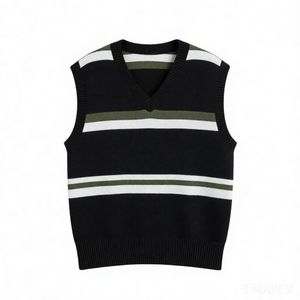 Men's Women's Oversized Striped V-Neck Knit Sweater Vest College Style Black with Green/White Stripes