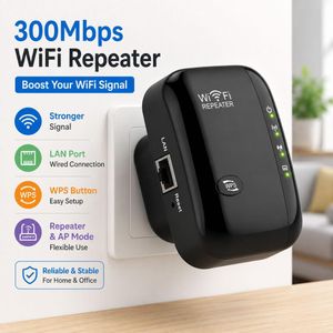 300Mbps Wireless WiFi Repeater, WiFi Signal Extender with LAN Port, WPS Range Booster for Home & Office, Repeater & AP Mode