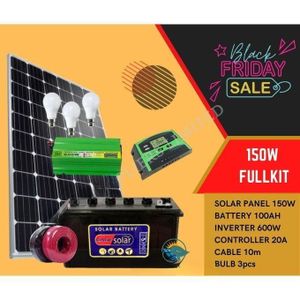 Solarmax 150W Solar Panel Full Kit +  100AH Chloride Exide Solar Battery + 600W Solar Inverter + 20AH Solar Charge Controller + 10M Cable ( 5M Red + 5M Black )  + 3 DC Bulbs  : 25 Years Warranty