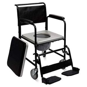 Commode chair with padded seat and with wheels