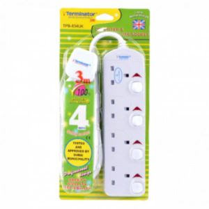 4 Way UK Power Extension Socket  13A 3000W Surge Protection  Individual Switches  2M Cable