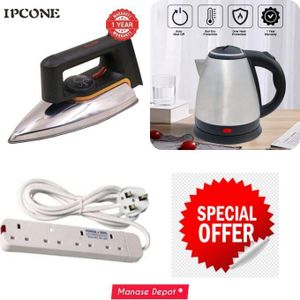IPCONE 2.0L Electric Kettle + 4-Way Power Extension + Dry Iron Box – Fast Boil & Complete Home Combo