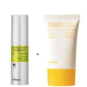 celimax Retinol Shot Tightening Serum + Pore & Dark Spot Brightening Care Sunscreen SPF 50+. Firms, Protect skin from harmful UV rays, Brightens, Minimizes Pores, Moisturizes, Fades Dark Spots, Hyperpigmentation, Wrinkles, Fine Lines, Blemishes, Soothes & Smooth