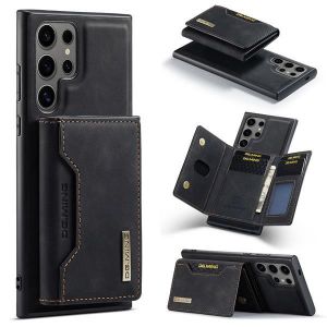 Samsung S24 Ultra Black DG.MING Premium Leather 3-Fold Wallet Protective Phone Case with Magnetic Detachable Phone Cover