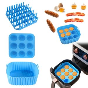 3-Piece Reusable Silicone Air Fryer Liner Set, Easy to Clean and Reusable, Non-stick Silicone Tray, Bacon Rack and 9-Hole Mold for Eggs and Paper Cups, Multi-Purpose Air Fryer Accessory