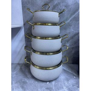 Amber 10-piece granite cookware set with gold-tone handles. 