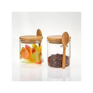 2 pieces Glass Jars with Wooden Lid and Spoon, Airtight Food Storage5Containers for Sugar/Coffee/Flour/Spices, Set of 2 Clear Stackable Kitchen Canisters, Ideal for Home Organization Decor