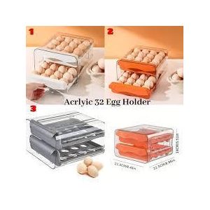 Double-Layer Acrylic 32-Egg Holder - Stackable Space-Saving Drawer Organizer - Clear Acrylic