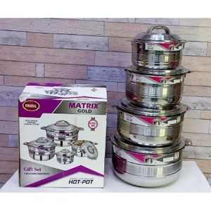 Matrix 4pcs Gold with Unique Stainless Locking System Hotpot Kitchen Hot Pot Serving Dishes Stainless Steel Hotpots Serveware Set Keep Food Hot or Cold (1200, 2400, 3600 and 4800ML)