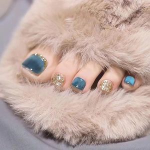 24PCS Blue Glitter False Toe Nails Press On Foot Nail Tips with Jelly Glue & Nail Kit