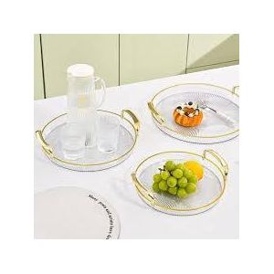 3-in-1 Luxury Acrylic Serving Tray Set With Gold-Tone Bead Handles, Elegant Ribbed Glass-Style Decorative Trays For Home Decor And Hosting