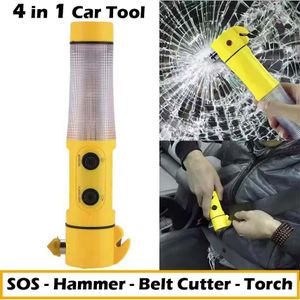 4 in 1 Car Safety Escape Glass Window Breaker LED Emergency Hammer Seat Belt Cutter Escape Tool with Flashlight and Beacon Light LED Flashlight Multi-Functional Life-Saving Safety Device for Vehicles