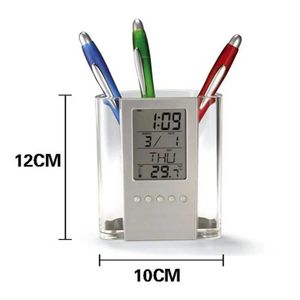 Multi-Functional Digital LCD Pen Holder & Desk Organizer - Electronic Office Stationary Holder with Clock, Calendar, Timer, and Thermometer - Desktop Gift Set - Clear & Silver