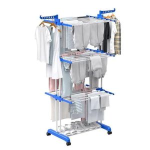 3 Tier Clothes Drying Rack Adjustable Stainless Steel Hanger with Two Side Folding Wings For Indoor & Outdoor Movable Clothes Drying Rack Folding Clothes Rail of Clothes Hanger