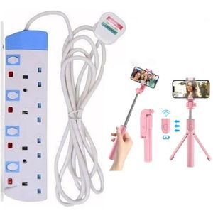 Power King HOME BEST 4 WAY POWER EXTENSION WITH LONG CABLE + BLUETOOTH SELF STICK -BLACK