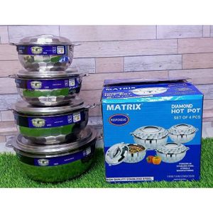 Matrix Diamond  Set of 4pcs Hotpots Stainless steel Serving Dish Casserole Sereware Set Hot Pot Serveware Set Serve Hot or Cold Food (1000/1500/2500/3500ML)
