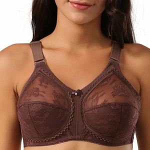 Cheap Women Large Size Lace Thin Cotton Cups Gather Bra Full Coverage  Minimizer Jacquard Non Padded Lace Sheer Bra