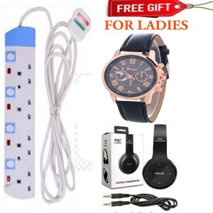 Power King BEST 4 WAY POWER SOCKET FOR HOME USE // 4 way power extension with switch + LUXURYWATCH FOR LADIES AND P47 HEADPHONES BLACK