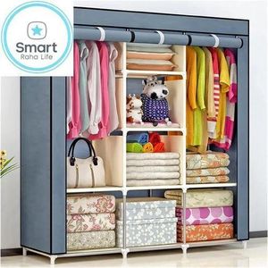 Smartraha life RahaLife 130CM 3 Column Portable Fabric Cloth Wardrobe Wardrobe - Gray 8 Shelves & Hanging Section